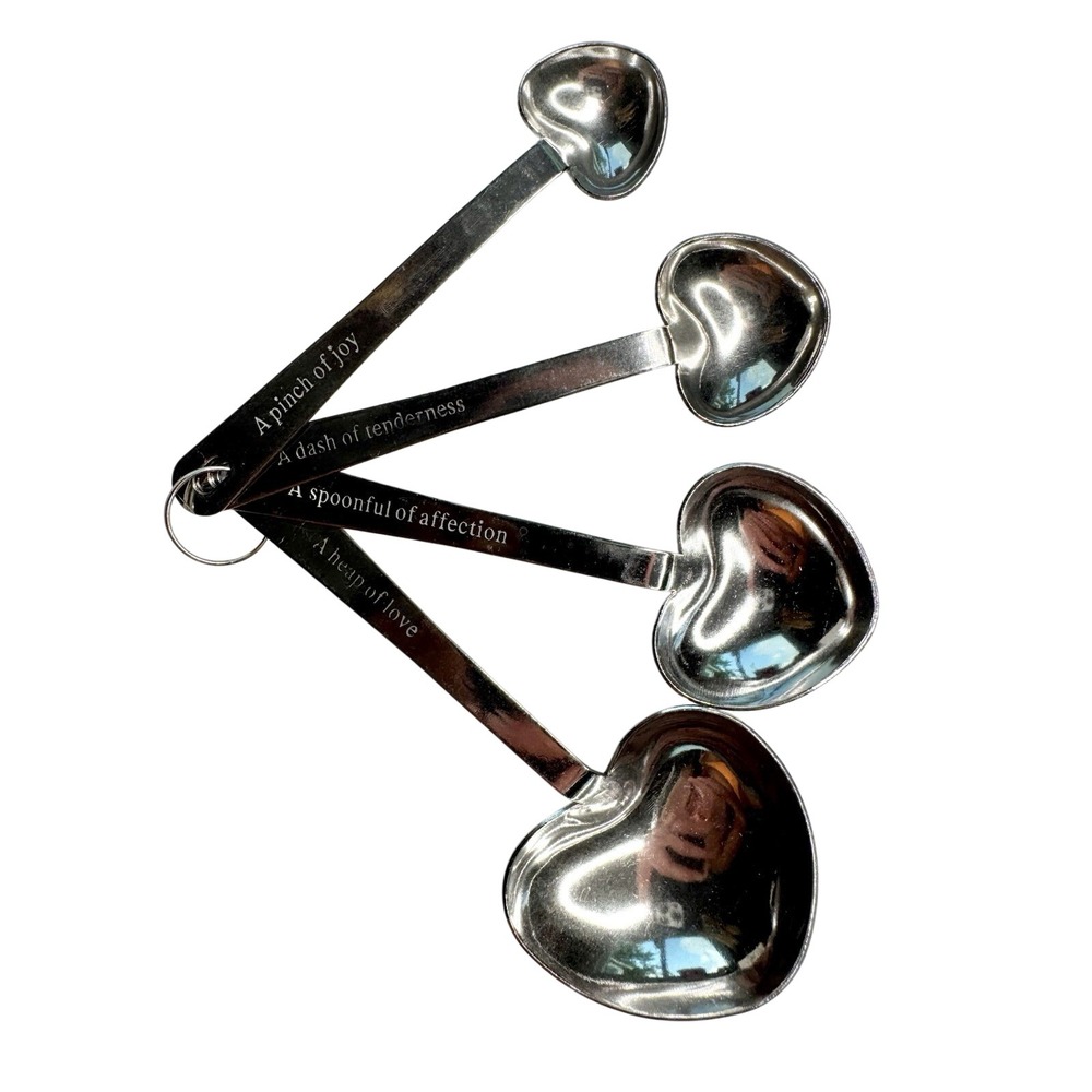 Heart Shaped Stainless Steel Measuring Spoons Set of 4 Love Sayings Kitchen